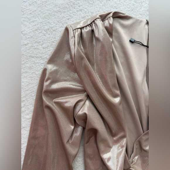BNWOT Zara Shimmering Gold Taupe Long Sleeve V-neck Bodysuit - Picture 5 of 5
